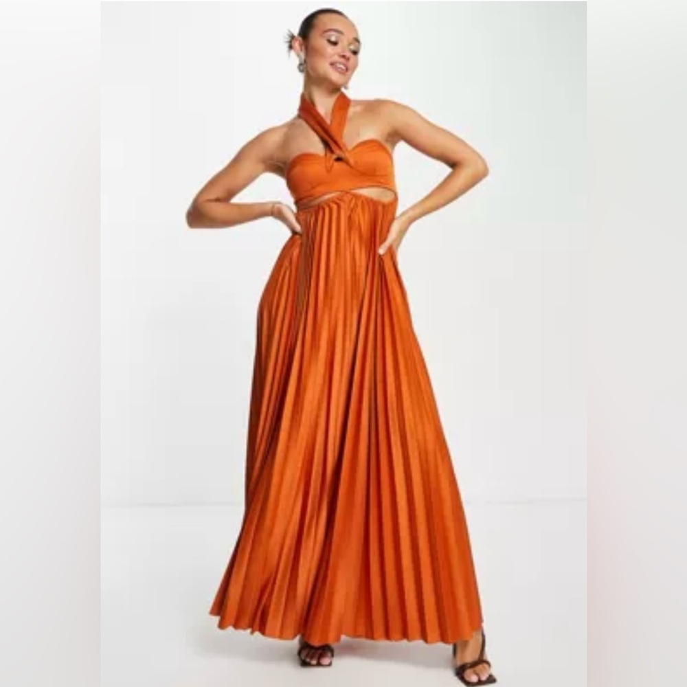 ASOS DESIGN halter pleated cut-out maxi dress in rust
